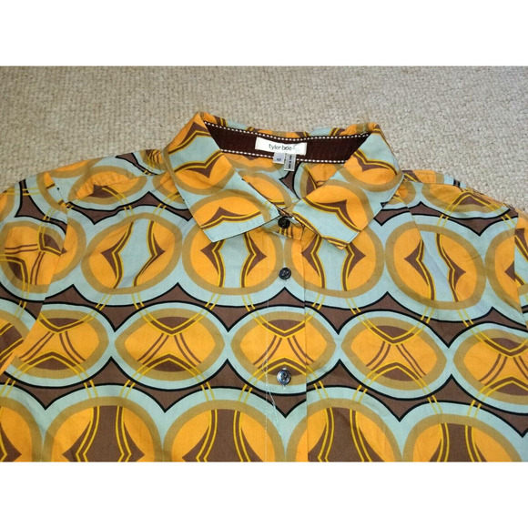 Womens Top-TYLER BOE-brown/orange/blue geometric 100% cotton button-up ls-10 - Picture 2 of 4